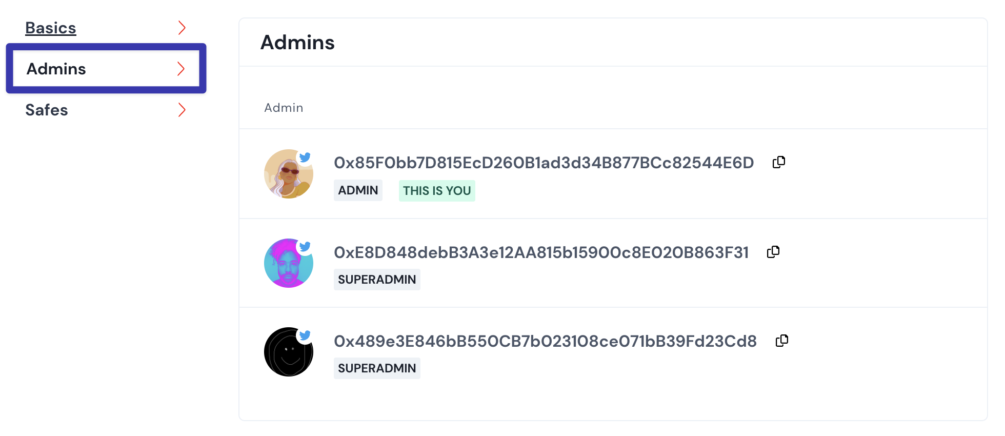 Admins tab.