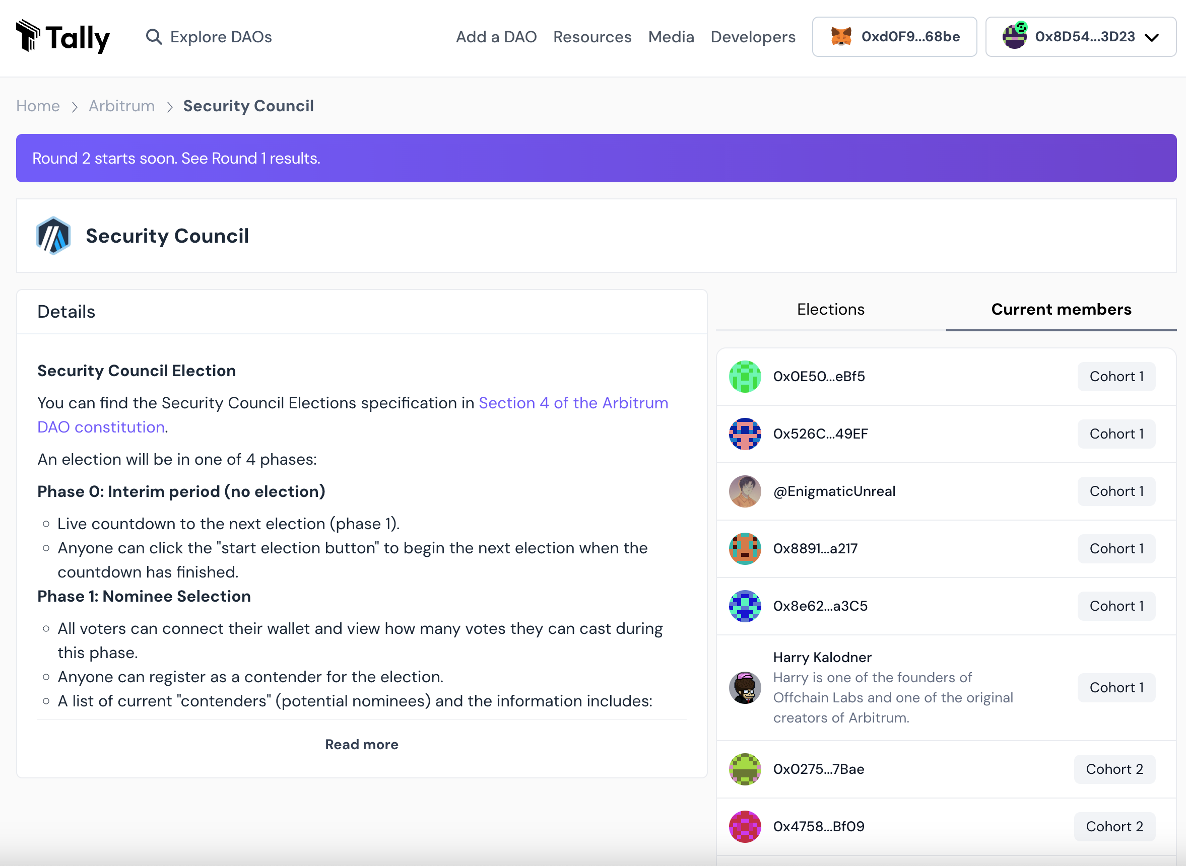 The homepage of Arbitrum DAO's Security Council Elections